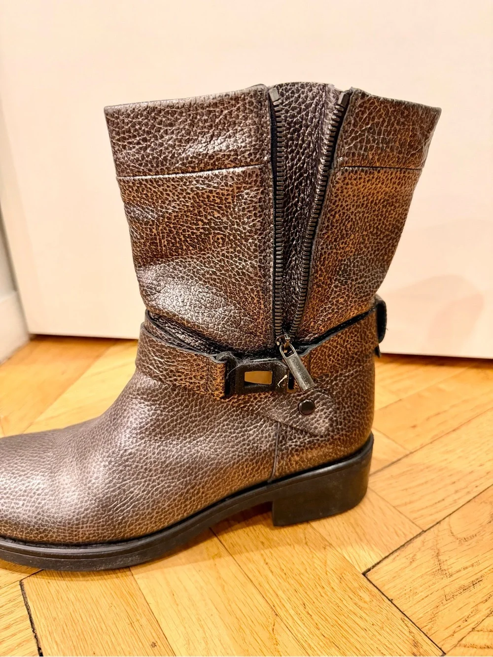 Aquatalia Sami Graphite Metallic Waterproof Leather Moto Ankle Boots Size 12